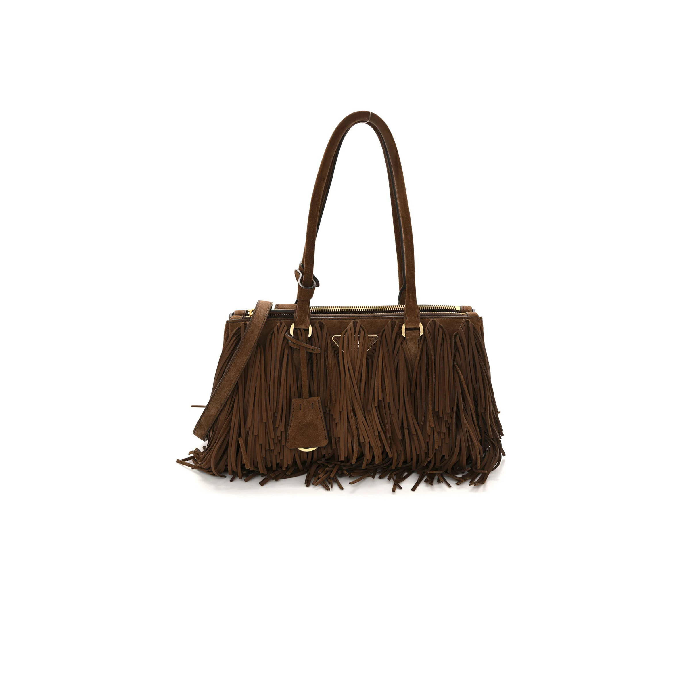 PRADA SUEDE FRINGE GALLERIA MEDIUM DOUBLE ZIP TOTE COCOA BROWN (30*14*10.5cm)